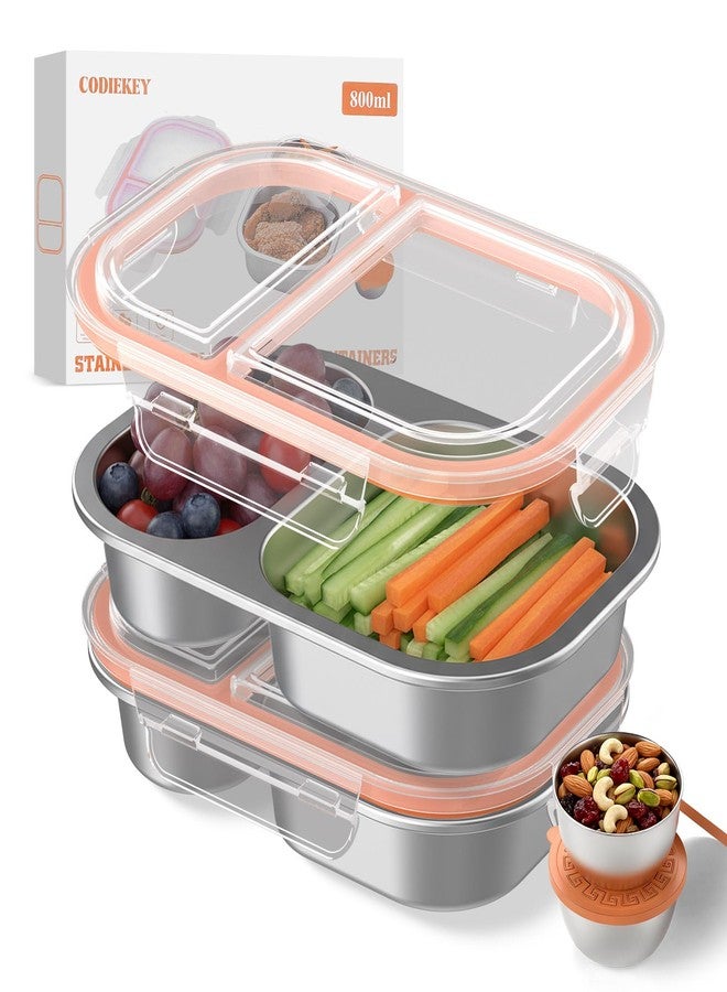 CODIEKEY Snackle Box Container,Dishwasher,Reusable Snack Containers With Lids,2 Compartment Stainless Steel Snack Containers,Fruits, Snacks,Nuts,Salad,travel,800ML,White&Orange,2 Pack - Image 1